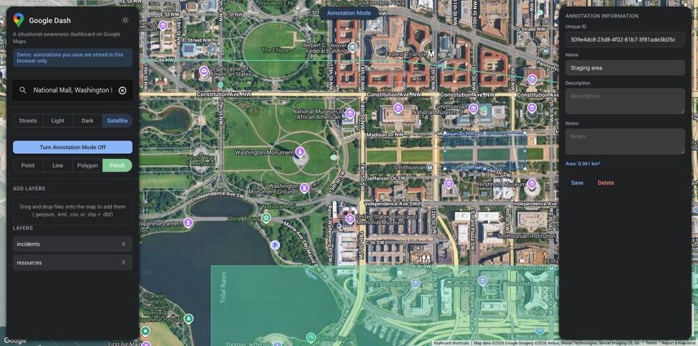Google Dash showing satellite imagery of the National Mall with dropped data layers and a selected annotation
