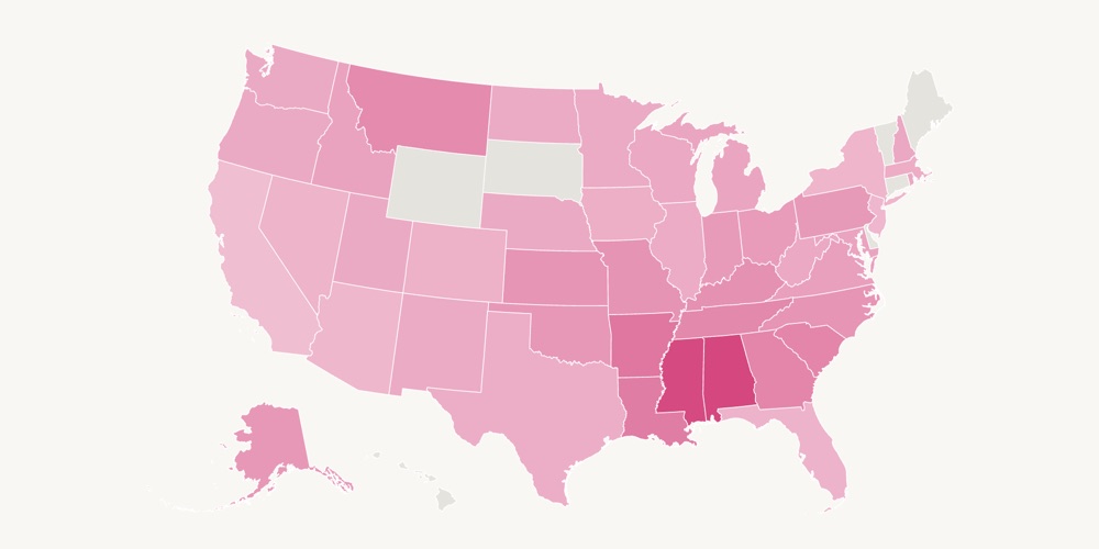What We Name Our Babies state map for Mary in 2025: U.S. states shaded pink by how popular the name is, darkest in Alabama and Mississippi