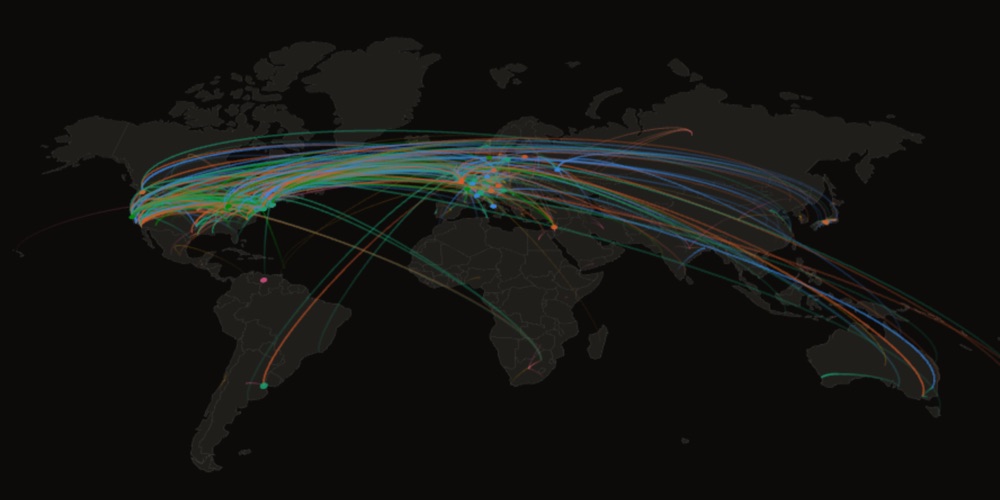 Who Wins the Nobel map: colored arcs across a dark world map from each laureate's birthplace to where they did their prize-winning work, converging on the United States and Western Europe