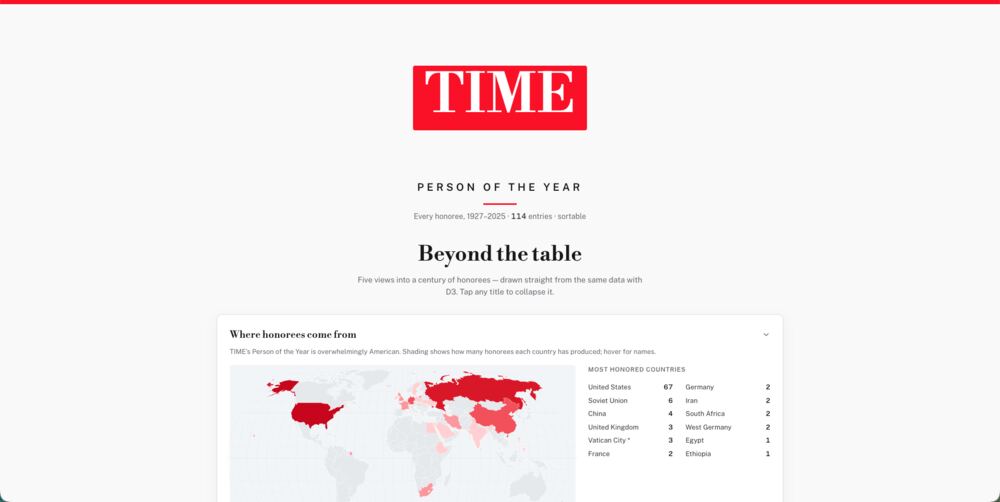 TIME Person of the Year app, showing the title page and a world map shaded by how many honorees each country has produced